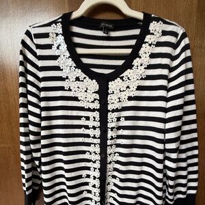 $129 Talbot's black and white cardigan with white sequin floral embellishments L